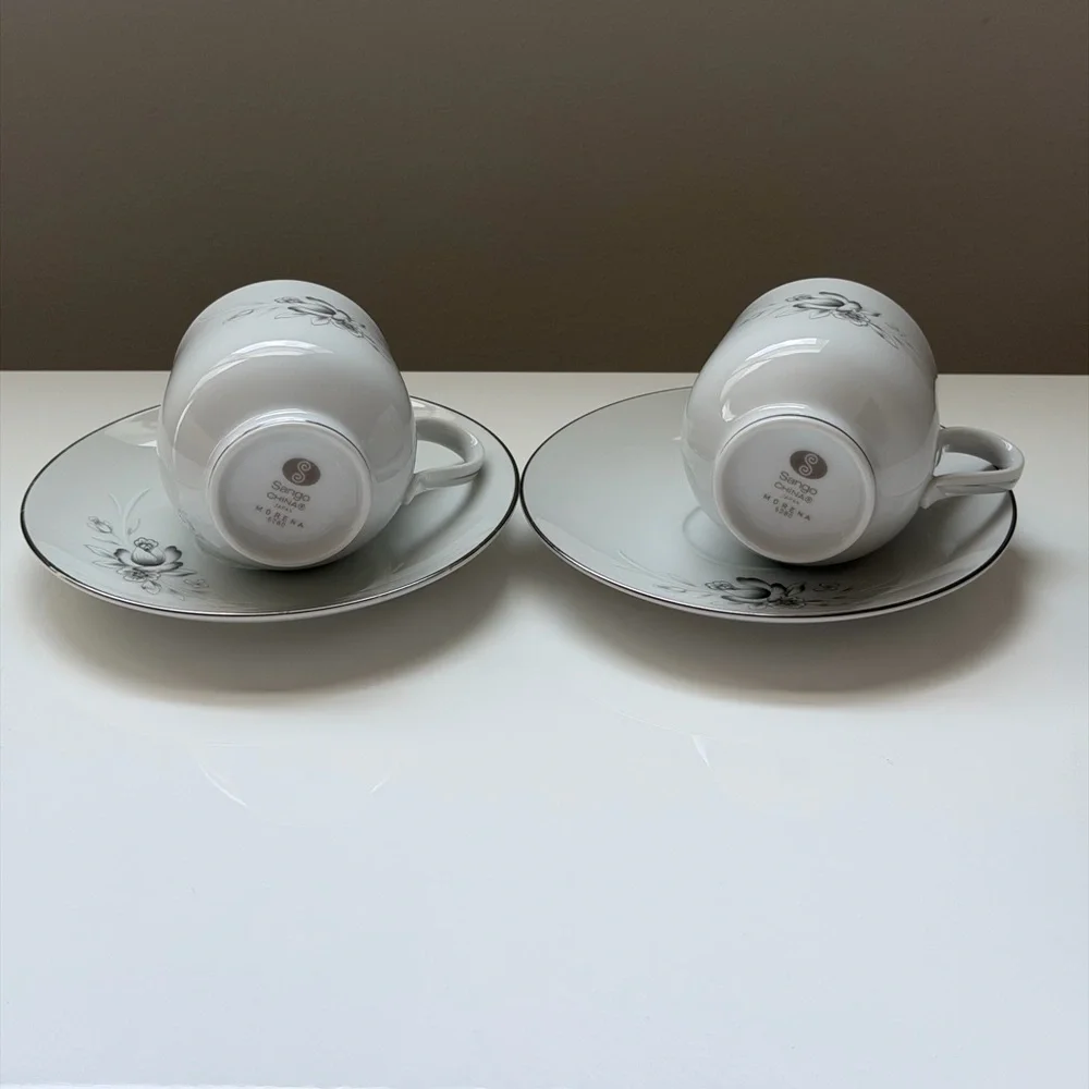 Sango Morena White Porcelain Tea Cup and Saucer Set with Floral Motif - 2 Piece